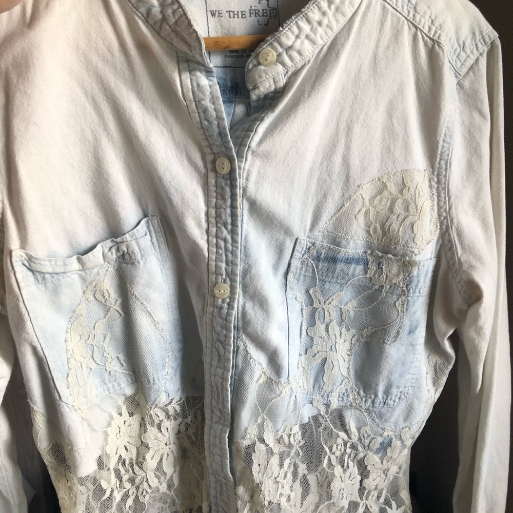 Free People Cropped Chambray/Lace Long Sleeve Top